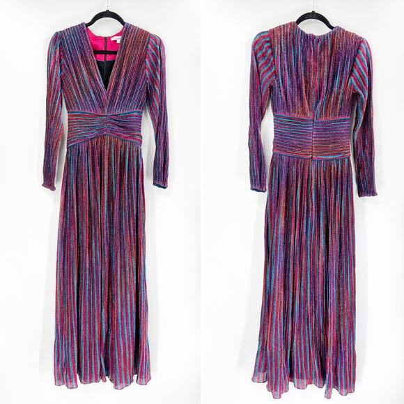 Jonathan Simkhai Rainbow Metallic Pleated Long Sleeve V-Neck Knit Party Gown 2 - Picture 3 of 6